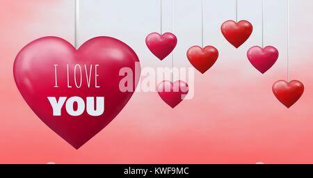 Ich liebe dich Text und Bubbly Valentines Herzen hängen an Zeichenfolge Stockfoto