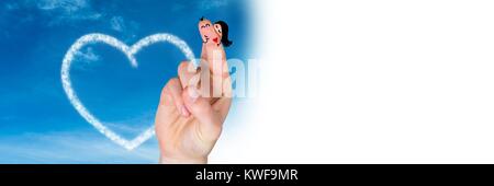 Valentine's Finger Liebe Paar und Wolke Herz in Himmel mit Weißer Übergang Stockfoto