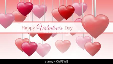 Happy Valentine's Day Text und Bubbly Valentines Herzen hängen an Zeichenfolge mit leerem Feld Stockfoto
