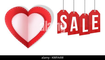 Verkauf Text und Papier Valentines Herzen Stockfoto