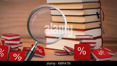 3D-Vergrößerungsglas über Büchern mit Prozentsymbolen Stockfoto