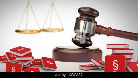 3D Section Symbol Symbole und Gerechtigkeit gavel mit Balance Skalen Stockfoto