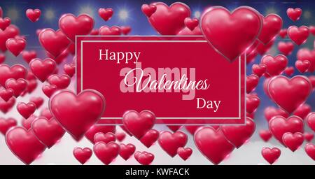 Happy Valentine's Day Text und glänzend sprudelnden Valentines Herzen mit Lila nebligen Hintergrund und Licht Stockfoto