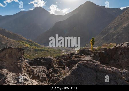 Anzeigen von Aremd, Imili Tal, mit herbstlich gefärbten Pappeln, marokkanische Hohen Atlas. Stockfoto