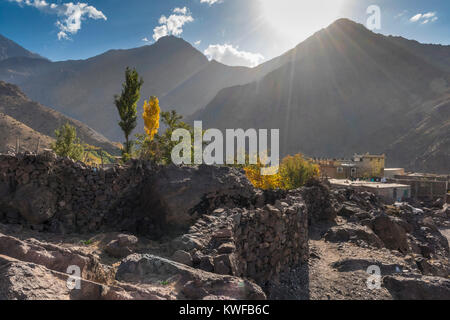 Anzeigen von Aremd, Imili Tal, mit herbstlich gefärbten Pappeln, marokkanische Hohen Atlas. Stockfoto