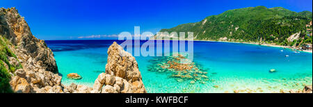 Schönen Dorf Agios Nikitas, Panoramaaussicht, Lefkada Insel, Griechenland. Stockfoto