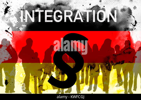 Das Wort Integration auf Deutschland Fahne und Abschnitt Symbol, das Wort Integration mit Deutschlandfahne und Paragrafensymbol Stockfoto