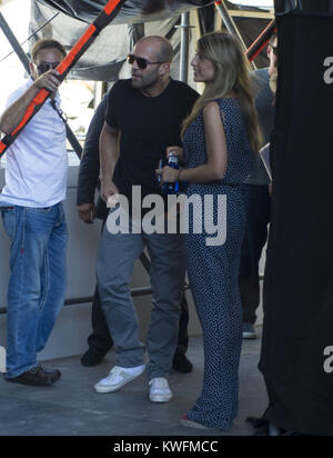 MALAGA, SPANIEN - 05. August: Kellan Lutz, Sylvester Stallone, Wesley Snipes, Antonio Banderas und Jason Statham nehmen an der Premiere von "Die Verschleißteile 3' am 5. August 2014 in Malaga, Spanien. Personen: Jason Statham Stockfoto