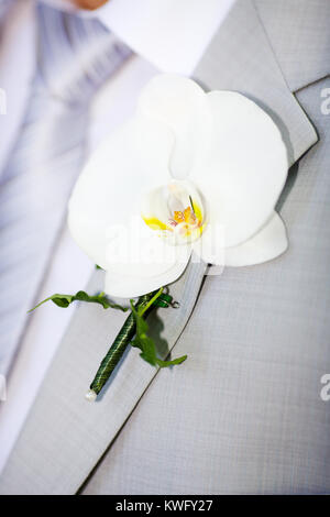 Knopfloch-Orchidee Detail des Bräutigams Hochzeit dressup Stockfoto