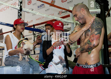 ORLANDO, FL - 01. Oktober: 3-Division und vier Weltmeister Miguel Cotto in Caguas, Puerto Rico, kommt an der Don Miguel Boxing Gym in Orlando, ein Paar rosa Socken zusammen mit seinen rosafarbenen Crocs, als er einen großen Auftritt mit einer seiner Französische Bulldoggen und Frau Melissa den letzten Schliff an seinem Ausbildungslager für seinen nächsten Kampf am Samstag zu legen, 5. Oktober gegen obere Kämpfer Delvin Rodriguez an der Amway Center Arena. Miguel Angel Cotto (am 29. Oktober 1980 geboren) ist ein Puerto Rican Profiboxer. Cotto ist ein ehemaliger WBA (Super) Licht Mittelgewichtmeister. Er ist Stockfoto