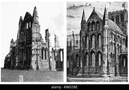 WHITBY ABBEY WIEDERHERGESTELLT, North Yorkshire UK - Die nördlichen Querschiff (außen) in Ruinen und ein Künstler Eindruck von ihrer ursprünglichen Form (1938 Abbildungen) Stockfoto