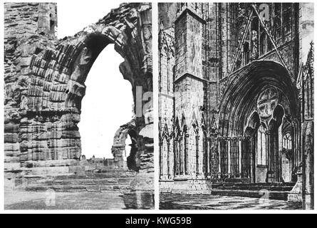 WHITBY ABBEY WIEDERHERGESTELLT, North Yorkshire UK - Die Überreste der großen West Tür und ein Künstler Eindruck von ihrer ursprünglichen Form (1938 Abbildungen) Stockfoto