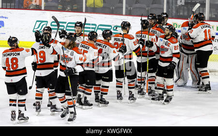 April 22, 2017 - Moline, Iowa, USA - Der Fort Wayne Komtets feiern ihren Gewinn 3-2 in Spiel fünf und 4-1 Reihe gewinnen über das Viererkabel - Stockente, Samstag, 22. April 2017, an der iWireless Center, Moline. (Bild: © John Schultz/Viererkabel - Zeiten über ZUMA Draht) Stockfoto