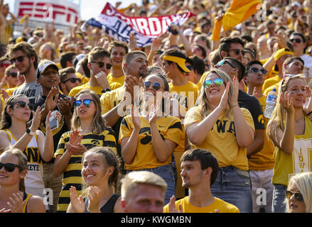 Iowa City, Iowa, USA. 16 Sep, 2017. Iowa Hawkeyes Fans feiern einen Touchdown im ersten Quartal ihr Spiel am Kinnick Stadium in Iowa City am Samstag, den 16. September 2017. Credit: Andy Abeyta, Viererkabel - Zeiten/Viererkabel - Zeiten/ZUMA Draht/Alamy leben Nachrichten Stockfoto