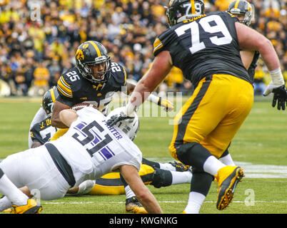 Iowa City, Iowa, USA. 1. Okt 2016. Iowa runningback Akrum Wadley (25) Sucht Zimmer im zweiten Quartal ihr Spiel am Kinnick Stadium in Iowa City am Samstag, 1. Oktober 2016 zu laufen. Die nordwestlichen Wildkatzen besiegten die Iowa Hawkeyes 38-31. Credit: Andy Abeyta/Viererkabel - Zeiten/ZUMA Draht/Alamy leben Nachrichten Stockfoto