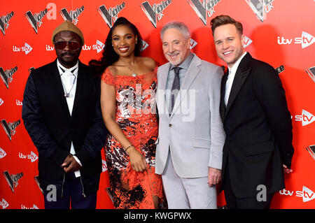 Will.i.am, Jennifer Hudson, Sir Tom Jones und Olly Murs an der Sprachkonferenz UK Launch bei Ham Yard Hotel, London. Stockfoto