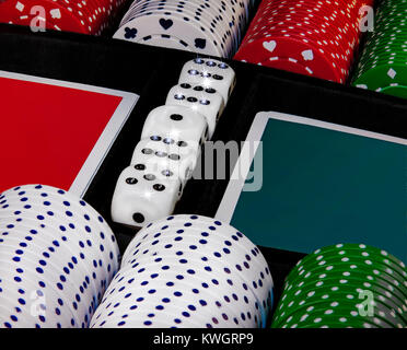 Deck of cards with dice and chips. Closeup. Stockfoto