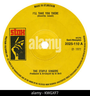 45 U/min 7" das britische Label von Ich werde Sie dorthin durch den Staple Singers. Durch Alvertis Bell geschrieben und arrangiert und durch Al Bell produziert. Im Mai 1972 von Stax Records veröffentlicht. Stockfoto