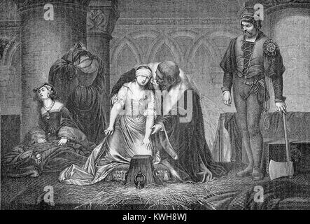 Vintage gravieren, enthauptung von Lady Jane Grey im Tower von London, Jahr 1554 Stockfoto