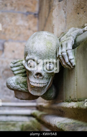 Zeitgenössische Skulptur einer Schlange mit menschlichen Händen und Schädel mit einer Goldmünze zwischen seinen Zähnen und £ Zeichen, die in der Kathedrale von Lincoln Stockfoto