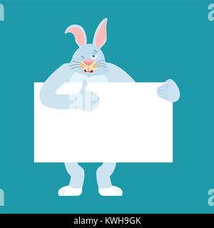 Kaninchen holding Banner leer. Hase weiß und leer. Tier Daumen hoch und Winks freudige Emotion. Platz für Text. Vector Illustration Stock Vektor