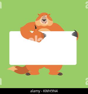 Groundhog holding Banner leer. Waldmurmeltier weiß und leer. Marmot Daumen hoch und Winks freudige Emotion. Platz für Text. Und täglich grüßt das Murmeltier Vector Illustration Stock Vektor