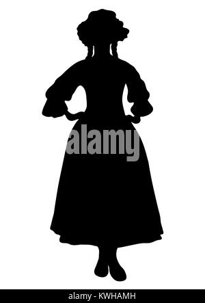 Frau in voller Länge silhouette, mit Zöpfen und Kappe, in alten traditionellen nationalen Kleid mit einem Flauschigen Rock, vector Übersicht Porträt, Schwarz und Weiß c Stock Vektor