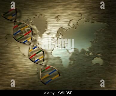 Abstrakte Malerei. DNA-Kette auf einer Weltkarte Hintergrund. Stockfoto