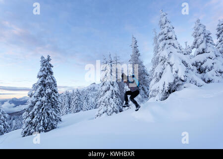 Woman hiker in active outfit, jumping in deep snow between frozen spruces on the mountain, Krvavec, Slovenia. Stockfoto