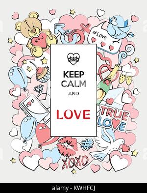 Happy Valentine's Day! Bunte Grußkarte", Ruhe und Liebe' mit niedlichen Zeichentrickfiguren. Doodles Stil. Alle Elemente sind getrennt. Stock Vektor