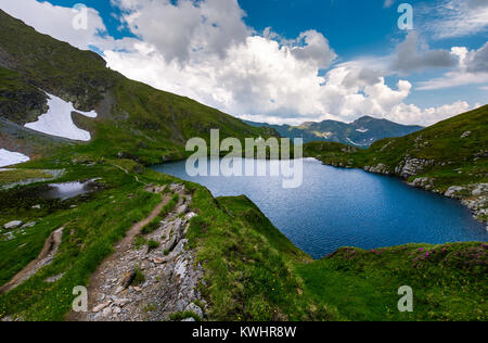 Capra Gletscher Fagaras Berge Rumäniens. wunderschöne Sommer Landschaft mit schönen Himmel. grasbewachsenen Hügeln mit felsigen Klippen und etwas Schnee Stockfoto