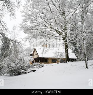 Reetdachhaus und Winter Bäume im Schnee im Dezember bei Batsford Arboretum, Cotswolds, Moreton-in-Marsh, Gloucestershire, England Stockfoto