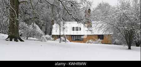 Reetdachhaus und Winter Bäume im Schnee im Dezember bei Batsford Arboretum, Cotswolds, Moreton-in-Marsh, Gloucestershire, England. Panoramablick Stockfoto