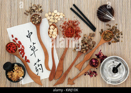 Chinesische Akupunktur Nadeln und moxa Sticks in moxibustion Therapie mit Kräutern und Kalligraphie Skript auf Reis papier verwendet. Stockfoto