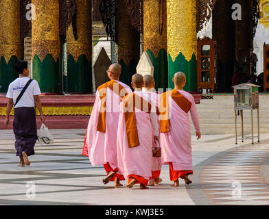 Yangon, Myanmar - Mar 26, 2016. Buddhistische Nonnen gehen mit Shwedagon Pagode in Yangon, Myanmar. Die Pagode wird von Buddhisten glauben um 2500 werden Ihr Stockfoto