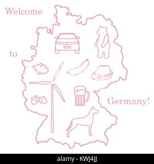 Vector Illustration mit verschiedenen Symbolen in Deutschland. Reisen und Freizeit. Design für Banner, Poster oder Drucken. Stock Vektor