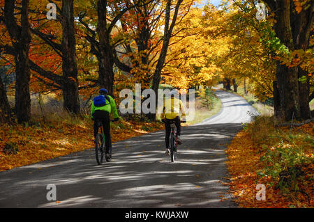 Mountainbiken durch Fall, Farben, Farben des Herbstes, bunten Herbst Laub auf unbefestigten Straßen, Albany, Vermont, New England, USA. Stockfoto