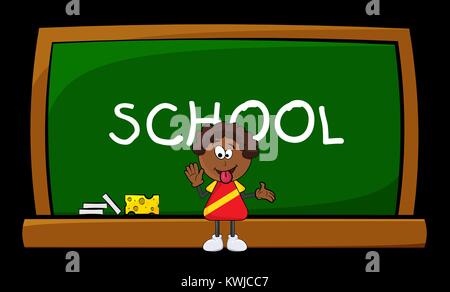 African black boy Cartoon zeigt Zunge und Schule Blackboard auf schwarzem Hintergrund Stock Vektor