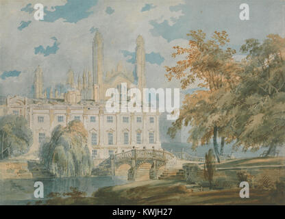 J.M.W. Turners Gemälde zeigt Clare Hall und King’s College Chapel in Cambridge, vom Fluss Cam aus gesehen. Das Kunstwerk hebt die architektonische Schönheit und die stimmungsvolle Landschaft Großbritanniens des 19. Jahrhunderts hervor. Stockfoto
