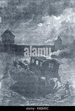 George Roux’ Titelillustration für Jules Vernes „César Cascabel“ zeigt Charaktere und Szenen, die die abenteuerliche Erzählung und den Illustrationsstil des Romans aus dem 19. Jahrhundert hervorheben. Stockfoto