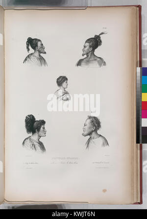 Ein ethnographisches Dokument aus dem 19. Jahrhundert, das Porträts von Māori-Persönlichkeiten aus Neuseeland enthält, einschließlich des Häuptlings von Houa Houa und anderer einheimischer Männer und Frauen in traditioneller Kleidung, die kulturelle Identität und kulturelles Erbe veranschaulichen. Stockfoto