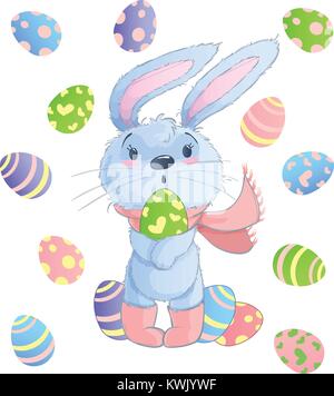 Frohe Ostern Hase. Vector Illustration Clipart für Ostern Grußkarte, Einladung mit niedlichen Hasen und Ostereier auf isolierte Hintergrund. Stock Vektor