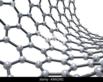 Single-walled Carbon Nanotube Zickzack molekulare Struktur auf weißem Hintergrund. Atome in gewickelt hexagonalen Gitter verbunden. 3D-Darstellung Stockfoto