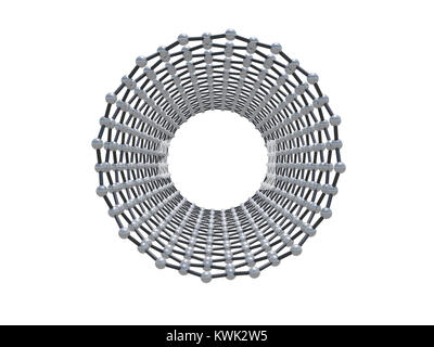 Single-walled Carbon Nanotube zickzack. Molekulare Struktur, frontale Ansicht mit Perspektive auf weißem Hintergrund. 3D-Darstellung Stockfoto