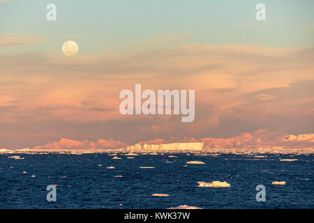 Vollmond über der Antarktis Landschaft steigend; Rongé Island; Arctowski Halbinsel Stockfoto