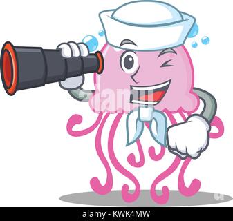 Sailor mit Fernglas cute Quallen Charakter Cartoon Stock Vektor