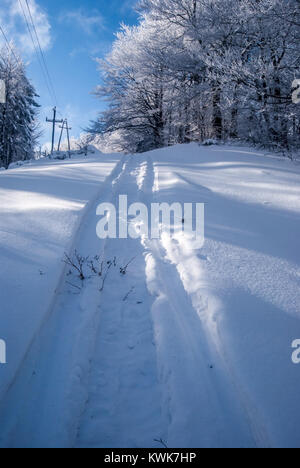 Winter in der Nähe von Wielka Racza Hügel in Zywiec Beskiden auf Polnisch - slowakischen Grenzen mit Schnee, gefrorene Bäume, Wanderweg und blauer Himmel mit wenigen Clo Stockfoto