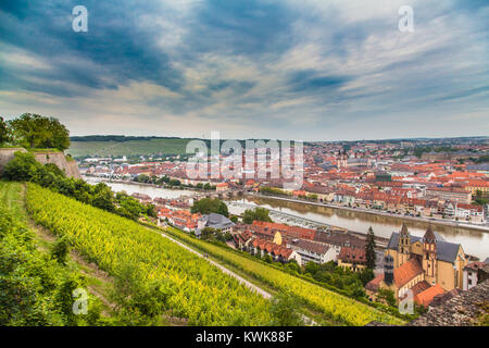 Antenne Panoramablick auf die historische Stadt Würzburg mit idyllischen Weinbergen im schönen Abend dämmerung bei Sonnenuntergang an einem bewölkten Tag im Sommer Stockfoto