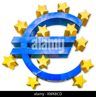 Metallisch glänzenden 3D Euro Symbol in blauer Farbe mit goldenen Sternen auf weißem Hintergrund Stockfoto