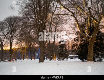 Urlaub Leuchten über einen öffentlichen Park in Niagara Falls, Ontario, Kanada bei einem schönen Sonnenuntergang und magische Orange Sky Stockfoto